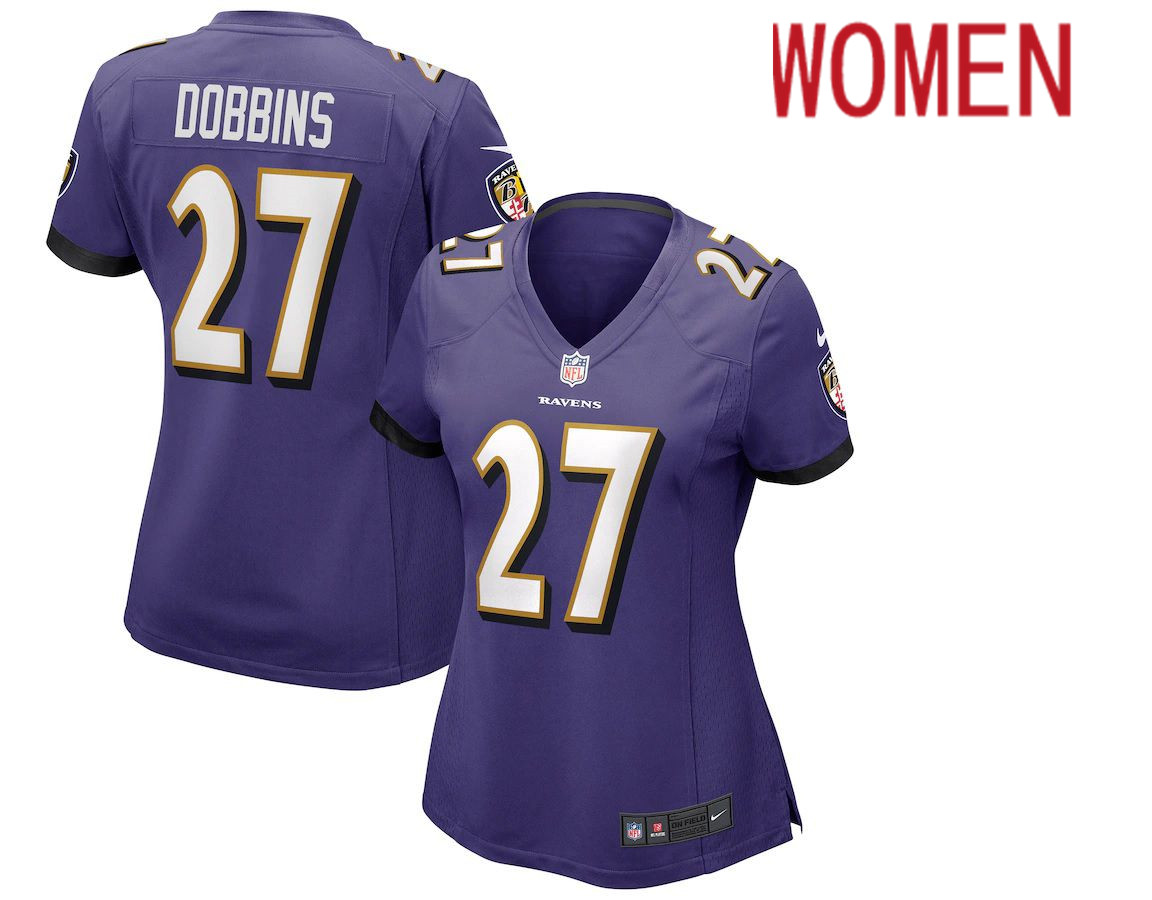 Women Baltimore Ravens #27 J.K. Dobbins Nike Purple Game NFL Jersey->women nfl jersey->Women Jersey